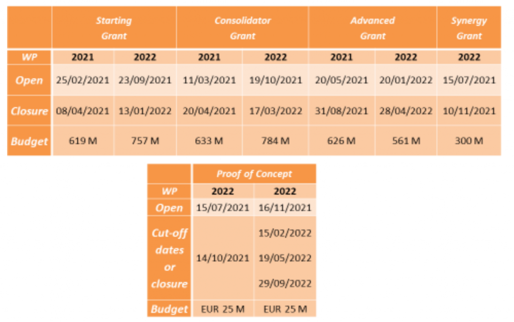 ERC Call Calendar 2021/2022 Direção de Projectos • DP